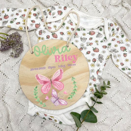 Baby birth stats sign, baby announcement disc, Butterflies, girl nursery, butterfly theme