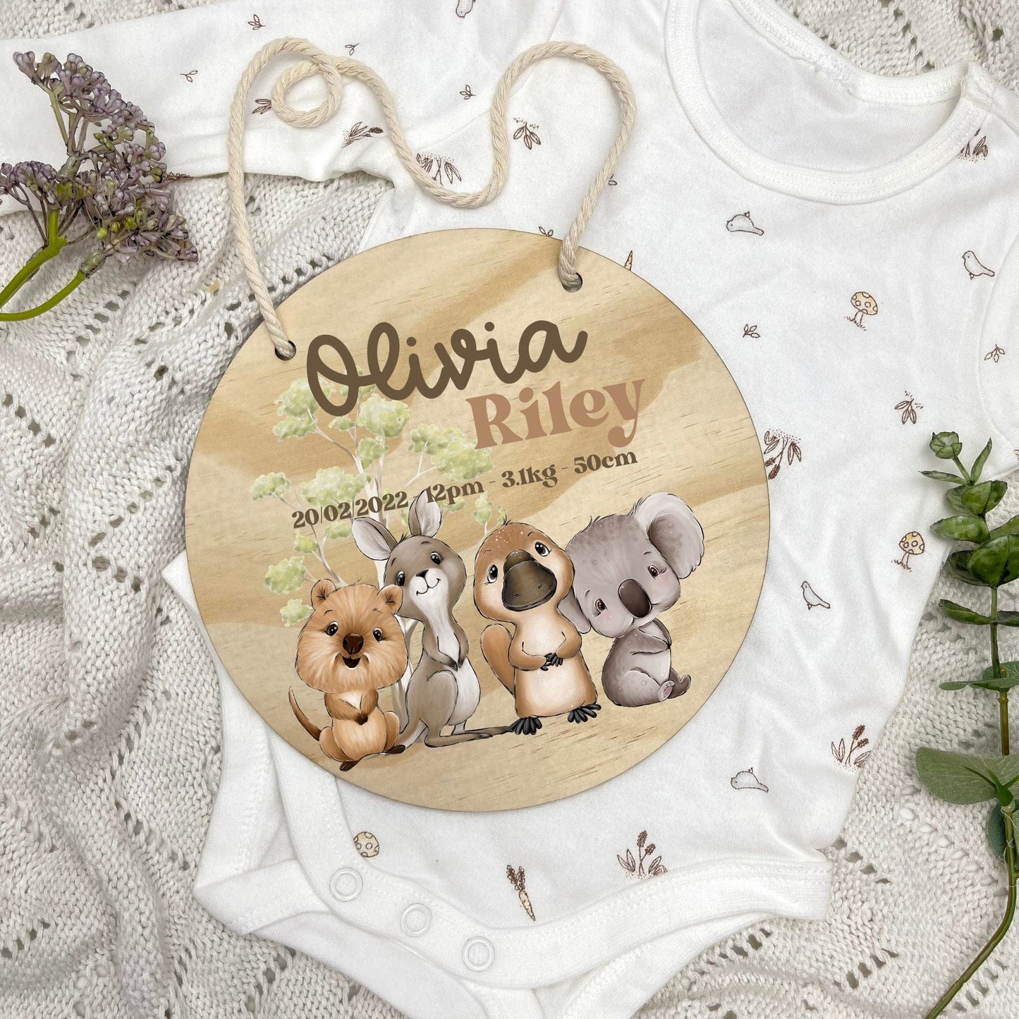 Baby birth stats sign, baby announcement disc, Aussie Animals, koala, kangaroo, kookaburra