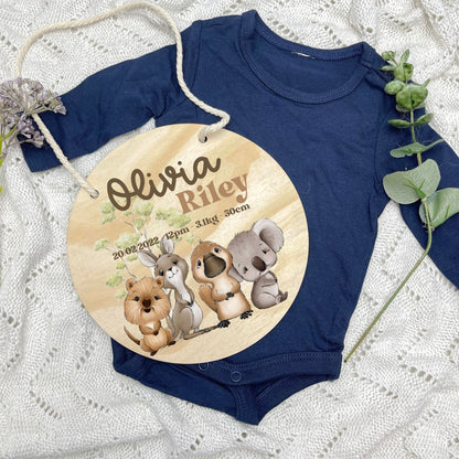 Baby birth stats sign, baby announcement disc, Aussie Animals, koala, kangaroo, kookaburra