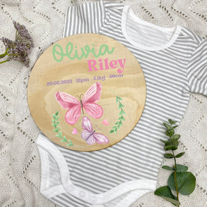 Baby birth stats sign, baby announcement disc, Butterflies, girl nursery, butterfly theme