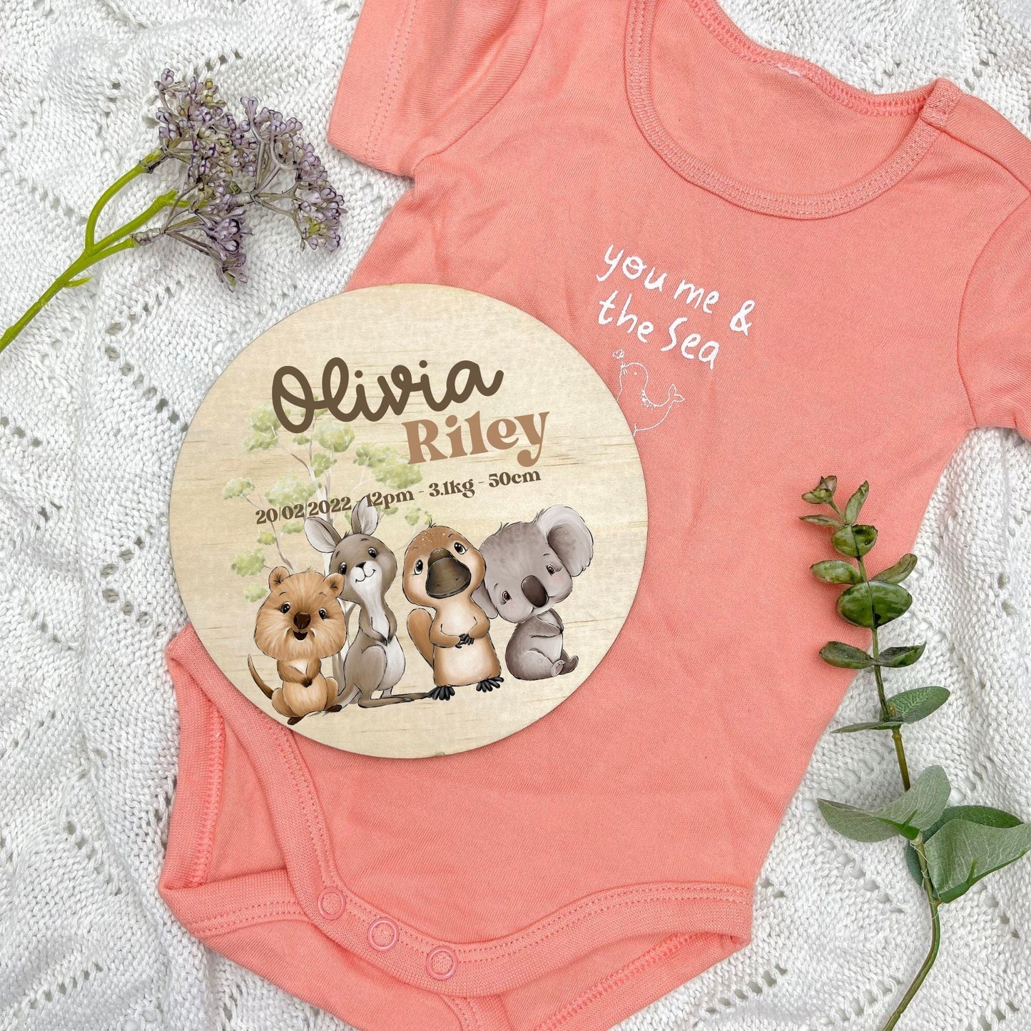 Baby birth stats sign, baby announcement disc, Aussie Animals, koala, kangaroo, kookaburra