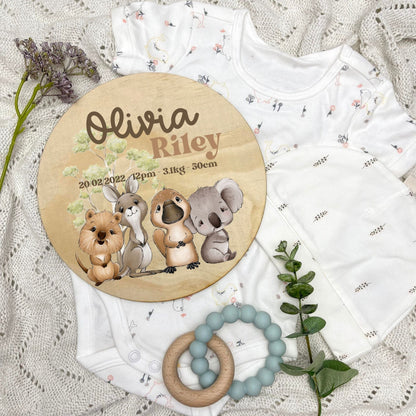 Baby birth stats sign, baby announcement disc, Aussie Animals, koala, kangaroo, kookaburra