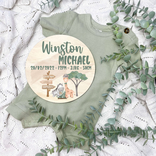 Baby birth stats sign, baby announcement disc, jungle theme, Safari Theme